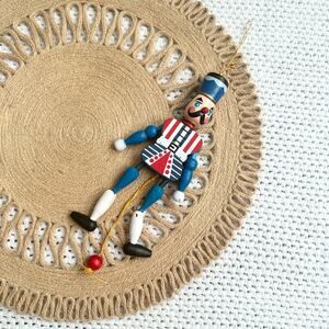 Vintage Wooden Soldier Red White Blue Holiday Articulated Dancing Pull Ornament